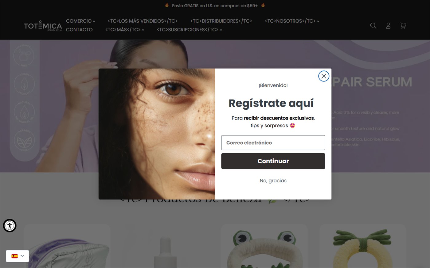 Portada de Totemica Beauty con el popup de registro sobre el arte de campaña