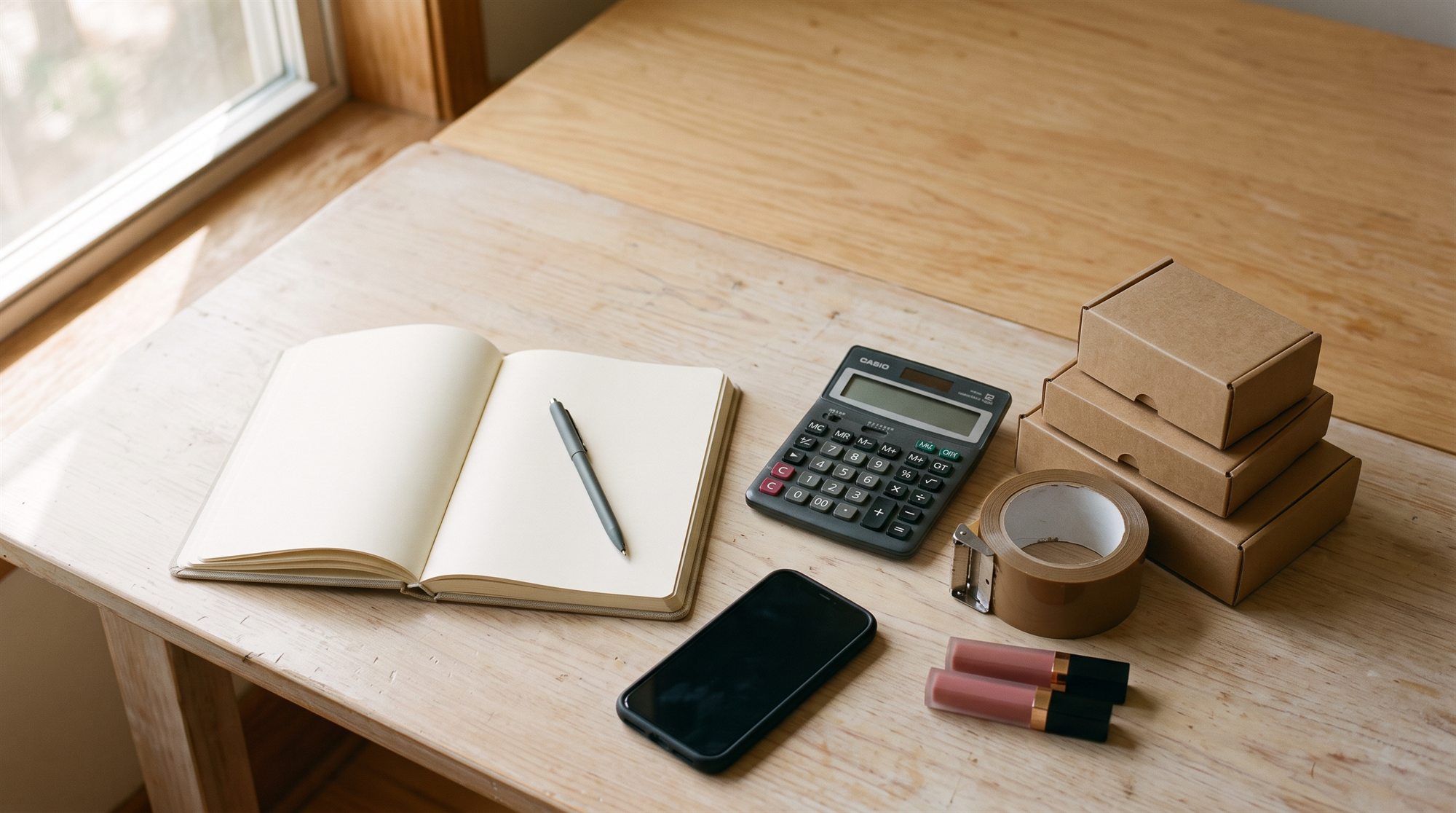 Escritorio de una revendedora con cuaderno, calculadora y cajas de envío